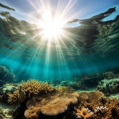 Sunlit Coral Reef from Underwater Perspective