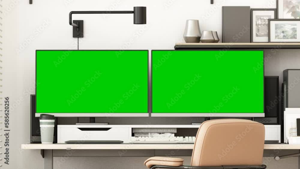 Poster workplace. desktop isolated blank screen chroma key or green screen with plant and office equipment 