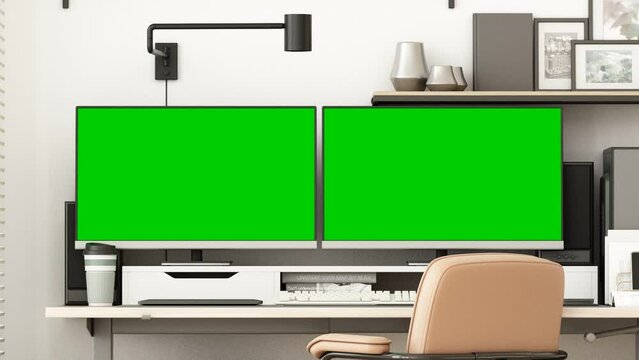 Workplace. Desktop isolated blank screen chroma key or green screen with plant and office equipment on table with keyboard, mouse and laptop computer tablet. 3d rendering animation for present media