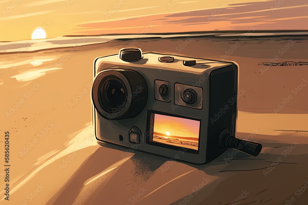 Poster an up-close view of a gopro camera put up on the beach to capture the stunning sunset generative ai