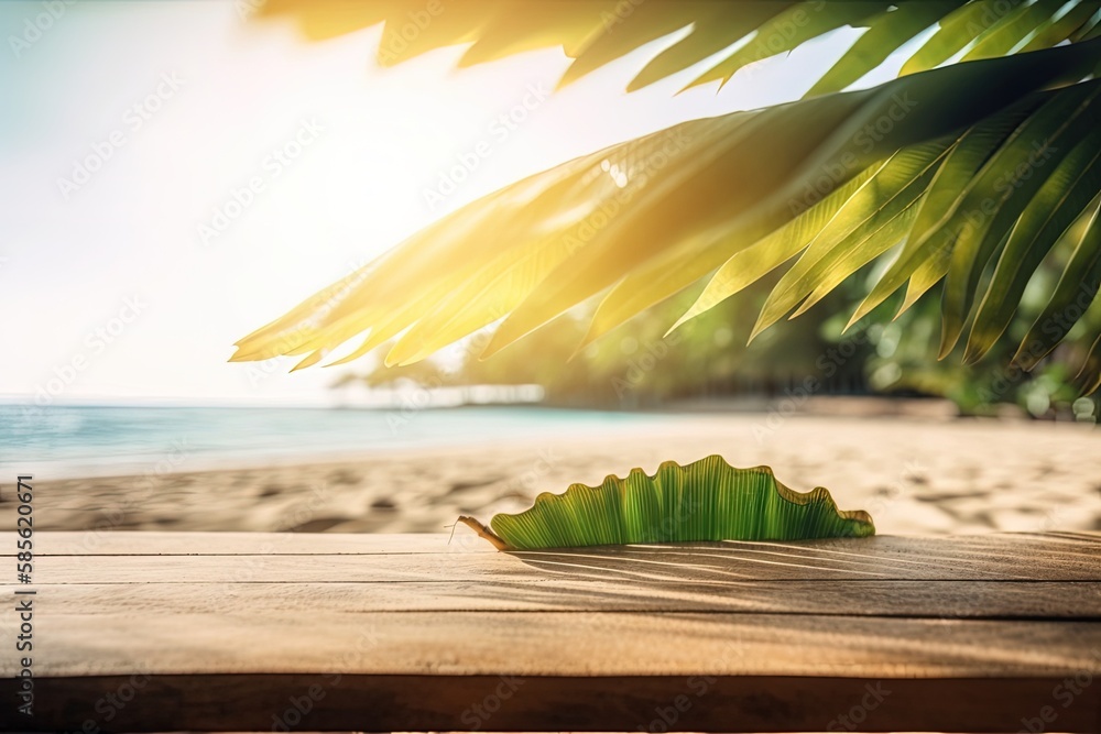 Canvas Prints fresh green leaf resting on a rustic wooden table. Generative AI