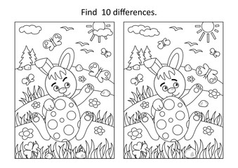 Easter holiday themed difference game with bunny and painted egg, rural scene
