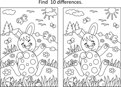 Easter holiday themed difference game with bunny and painted egg, rural scene
