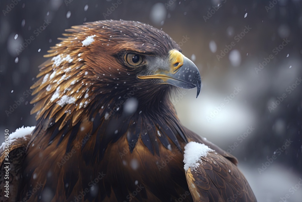 Poster a hazy backdrop and close-up of a golden eagle in the snow. generative ai