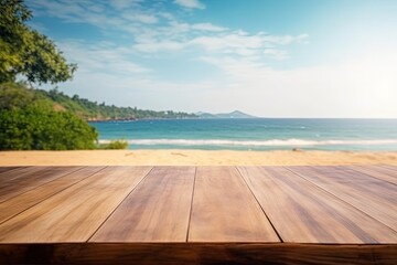 wooden table with a scenic ocean view. Generative AI