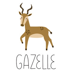 Educational English word card with cute Scandinavian style gazelle. Vector illustration for your educational material design