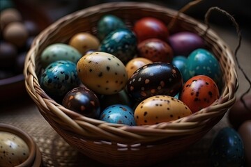 Fototapeta na wymiar colorful basket filled with Easter eggs. Generative AI
