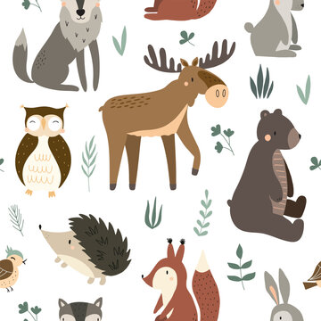 Forest seamless pattern with cute animals - elk, bear, rabbit, hedgehog and owl. Vector illustration