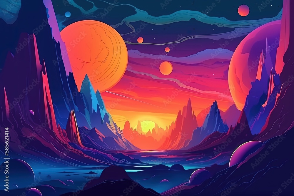 Poster surreal landscape painting with multiple planets in the sky. generative ai