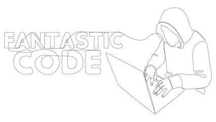 One continuous line of man with laptop and Fantastic Code text. Thin Line Illustration vector concept. Contour Drawing Creative ideas.