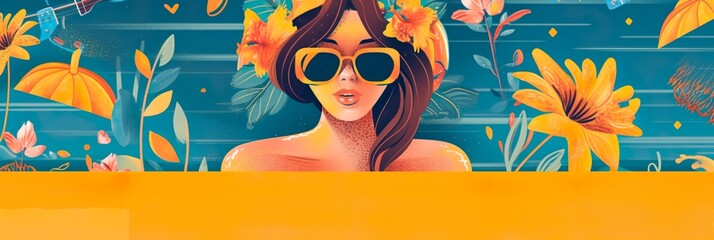 Woman in a pool, wearing Sunglasses and flower headress (generative ai)