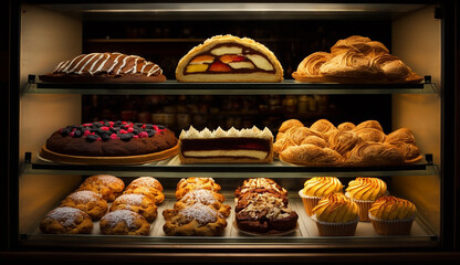 A Bakery Display Case Full of Pastry. Closed Up, Generative AI