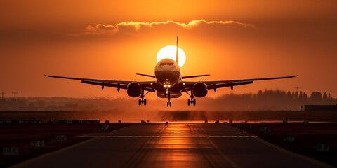 Fototapeta na wymiar Silhouette of air plane landing on illuminated track at sunset with beautiful red sky and sun in background Generative AI