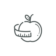 Healthy food concept apple single icon isolated on white background. Healthy diet weight loss icon.  Apple fruit with measuring tape vector outline sign.