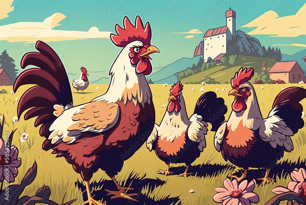 Aufkleber a close image of a flock of hens grazing on the grass Generative AI