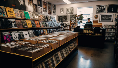 Naklejka na ściany i meble Photo of the vinyl record section at a trendy thrift shop Generative AI