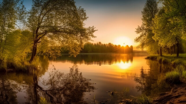  Lake with trees at sunset on a beautiful summer evening