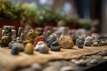 pile of rocks on a wooden table in natural light. Generative AI