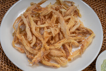 Dried Pollack fish, Pollack dried and shredded Ingredients used in Korean food. Dried fish.