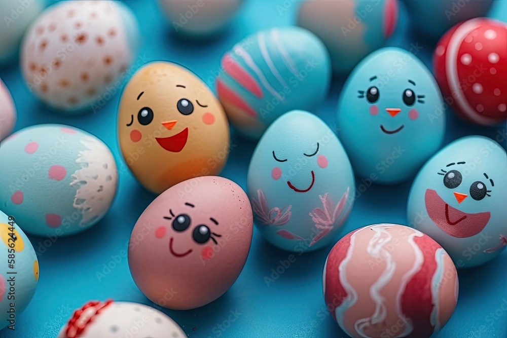 Poster colorful group of eggs with unique facial expressions. generative ai