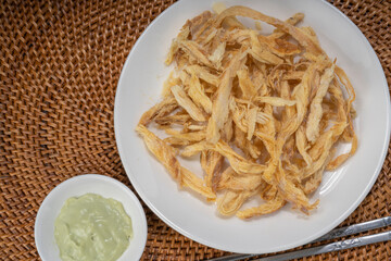 Dried Pollack fish, Pollack dried and shredded Ingredients used in Korean food. Dried fish.