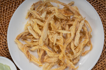 Dried Pollack fish, Pollack dried and shredded Ingredients used in Korean food. Dried fish.