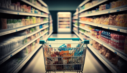 View of a shopping cart with inside supermarket Generative AI