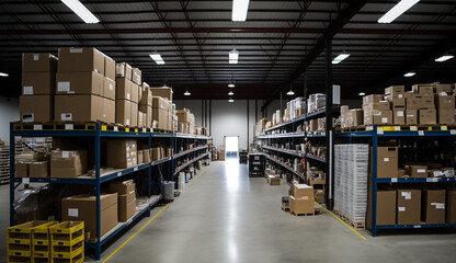 Warehouse, rows of metal shelving units stretch from floor to ceiling, Generative AI