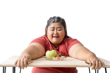 Asian Fat woman eating fruit isolated on white and transparent background