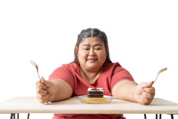 Asian Fat woman eating cake isolated on white and transparent background