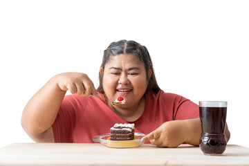 Asian Fat woman eating cake isolated on white and transparent background