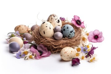 Obraz premium Bird Nest Filled with Eggs Surrounded by Flowers. Generative AI