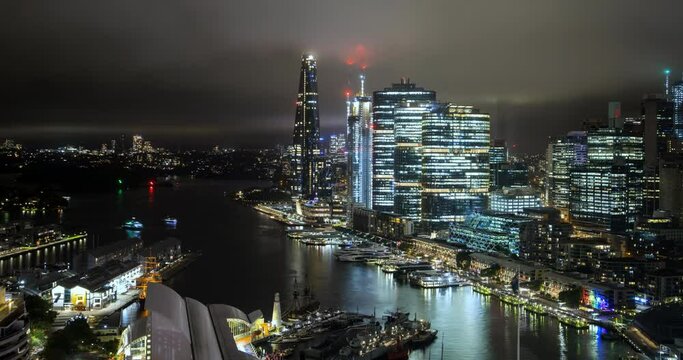  Darling Harbour Sydney. Moody and cinematic. Aerial high angle timelapse video.