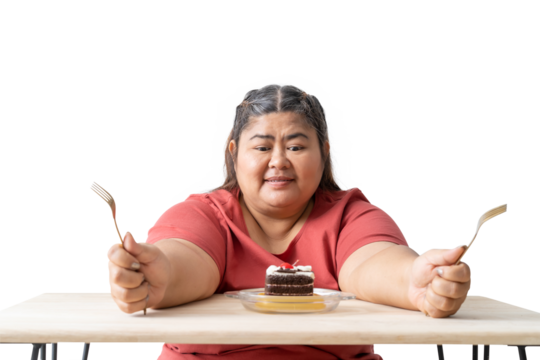 Asian Fat woman eating cake isolated on white and transparent background