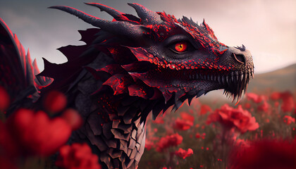Dragon hovering over a field of poppies, Generative AI
