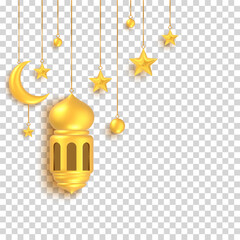3d lantern, crescent moon, hanging star ramadan eid design elements