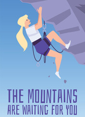 Mountain climbing extreme sport and travel activity advertising vector banner.