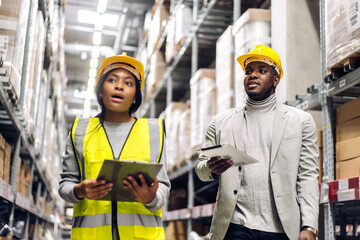 Portrait african american engineer team shipping order detail on tablet export and...