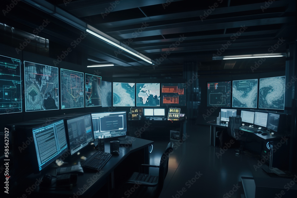 Poster security room with computers and monitors. dark background. selective focus. generative ai
