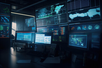 Fototapeta premium Computer monitors in a dark room. The concept of business and technology, Generative AI