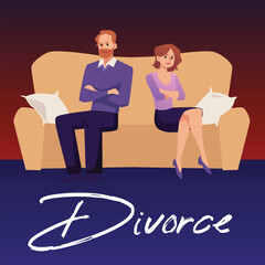 Banner with couple on verge of divorce and breakup, flat vector illustration.