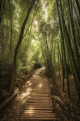 Wooden path through the bamboo forest, Generative AI