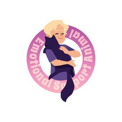 Boy hugging emotional support cat, round icon, flat vector illustration isolated on white background.