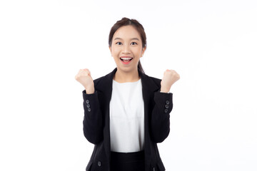 Portrait beautiful businesswoman in suit standing with glad and success isolated on white background, young asian business woman is manager or executive smile with confident and excited for victory.