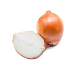 One fresh golden onion bulb with half or slice isolated on white