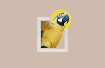 Digital collage, yellow bird in picture frame