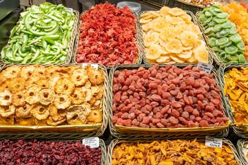 Great choice of dried fruits for sale at the Boqueria market in Barcelona