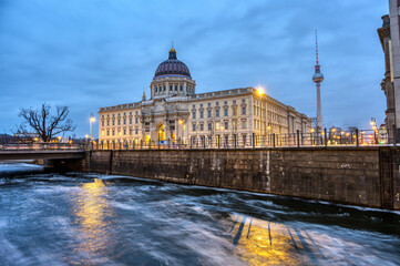 The rebuilt Berlin City Palace and the famous TV Tower at dusk