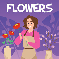 Squared banner with happy florist woman flat style, vector illustration
