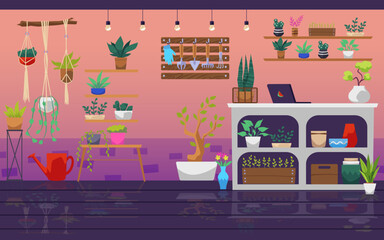 Flower shop interior, houseplants store - flat vector illustration.